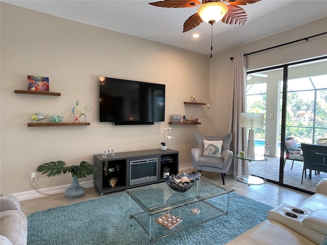 living room featuring tile patterned flooring and ceiling fan