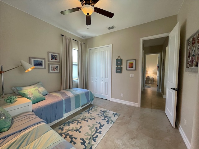 bedroom featuring ceiling fan and a closet