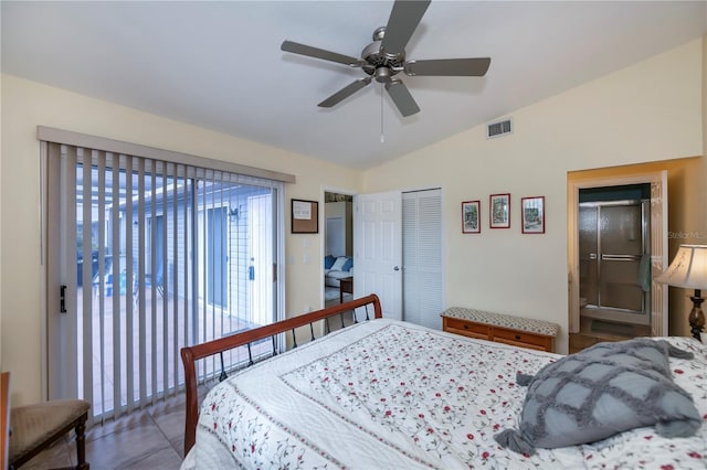 bedroom with ceiling fan, a closet, and vaulted ceiling