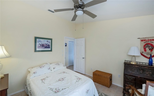 bedroom featuring ceiling fan and light tile patterned floors