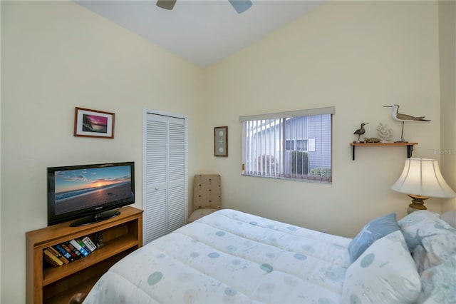 bedroom featuring ceiling fan and a closet