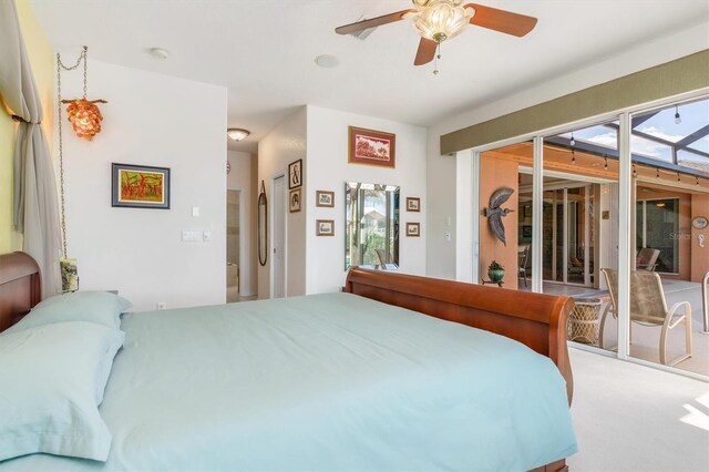 bedroom with access to exterior, carpet floors, and ceiling fan