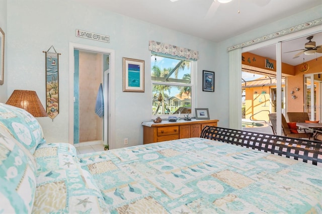 bedroom featuring connected bathroom, a closet, and ceiling fan