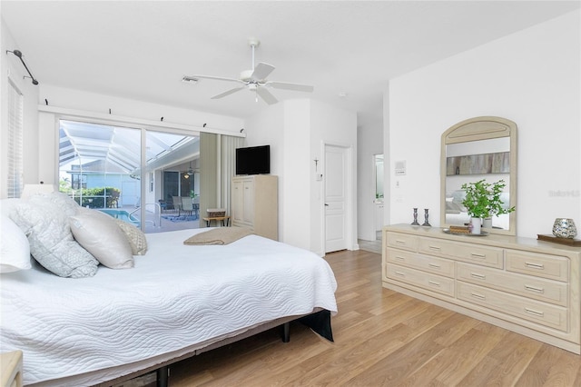 bedroom with access to outside, ceiling fan, and light wood-type flooring