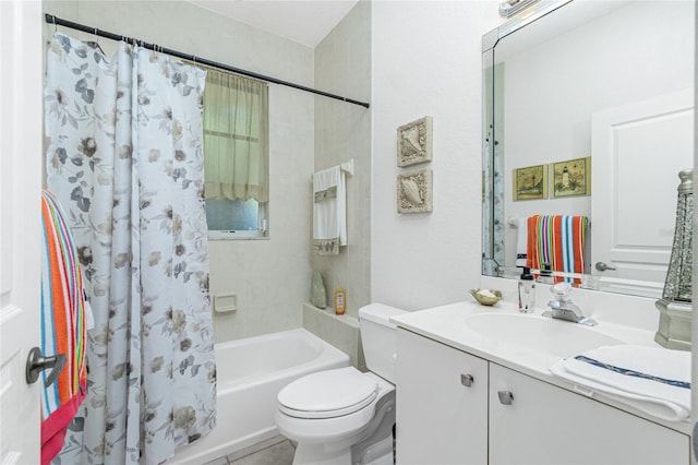 full bathroom with vanity, toilet, and shower / bath combo with shower curtain