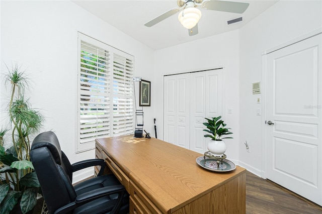 office with ceiling fan and dark hardwood / wood-style floors