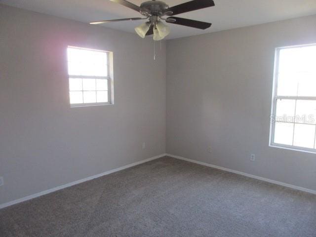 spare room with a healthy amount of sunlight, ceiling fan, baseboards, and carpet flooring