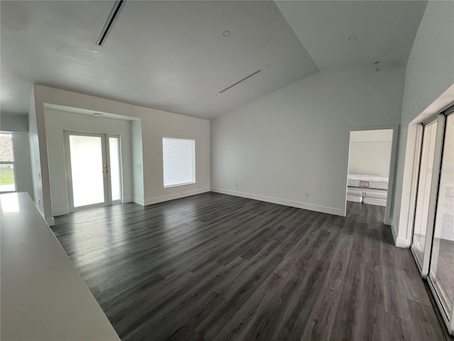 interior space featuring dark wood-type flooring and lofted ceiling