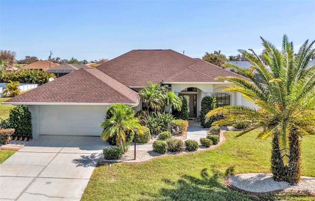 mediterranean / spanish home with a front lawn, concrete driveway, a shingled roof, and an attached garage