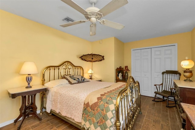 bedroom featuring ceiling fan and a closet