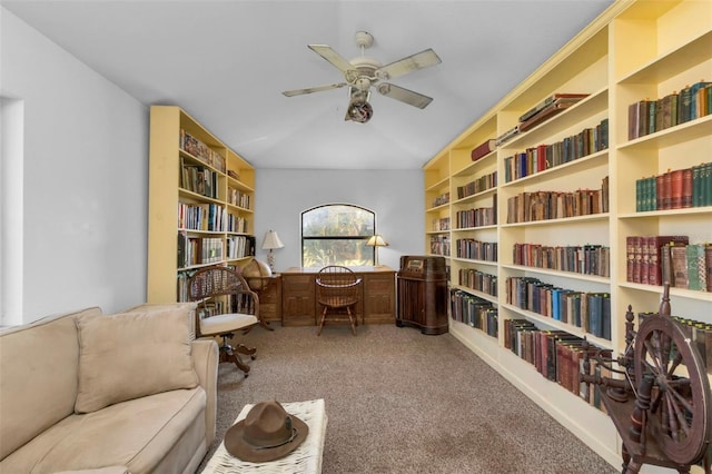 carpeted office with ceiling fan