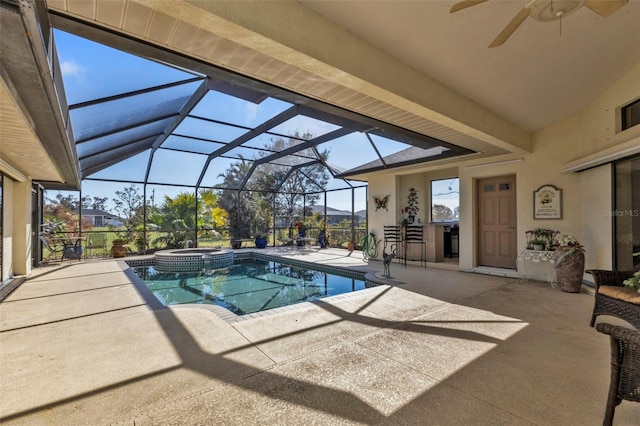 view of swimming pool featuring an in ground hot tub, a bar, glass enclosure, and a patio