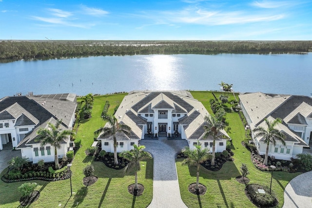 birds eye view of property featuring a water view