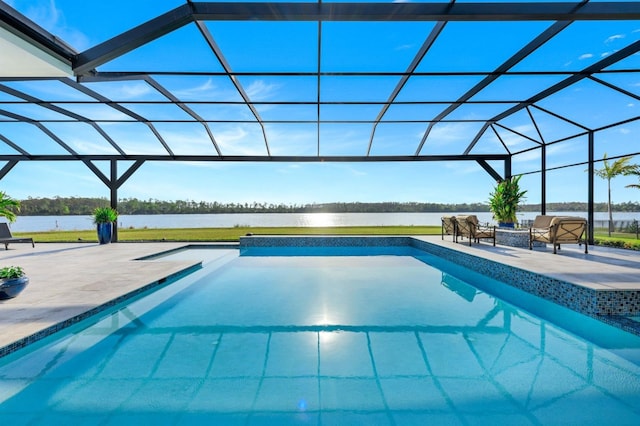 view of pool with a lanai, a patio, and a water view