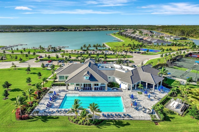 drone / aerial view featuring a water view