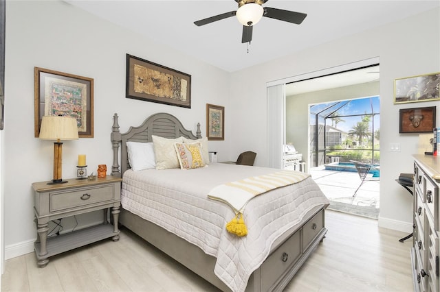 bedroom featuring light wood-type flooring, access to outside, and ceiling fan