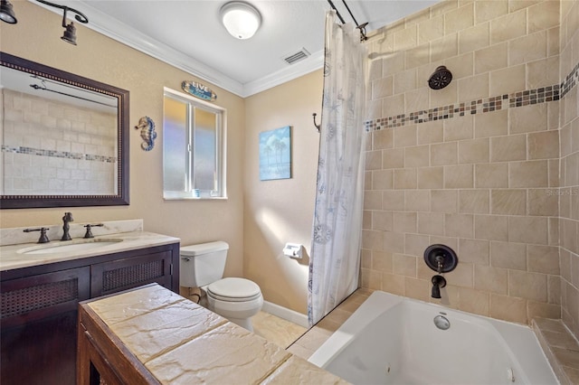 full bathroom featuring crown molding, shower / bath combo with shower curtain, vanity, and toilet