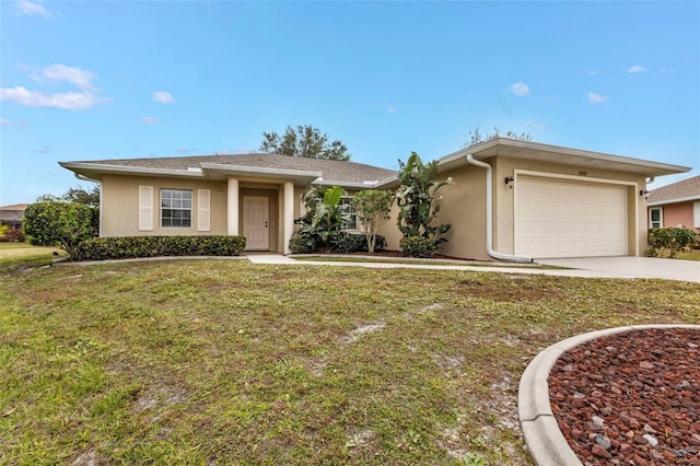 ranch-style home with a front yard and a garage