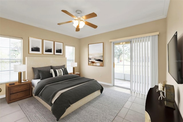 tiled bedroom featuring access to outside, multiple windows, ceiling fan, and crown molding