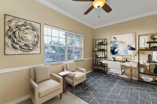 sitting room with crown molding and ceiling fan