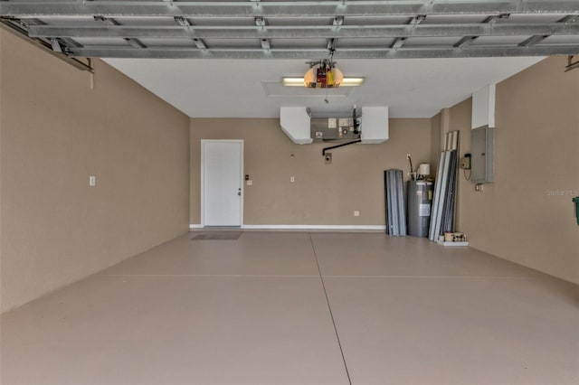 garage featuring a garage door opener, electric water heater, and electric panel