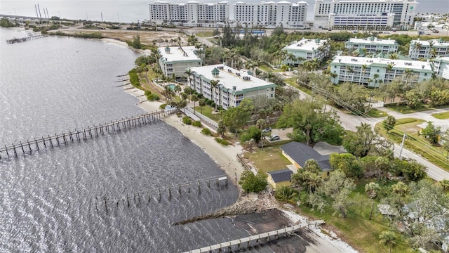 bird's eye view with a water view