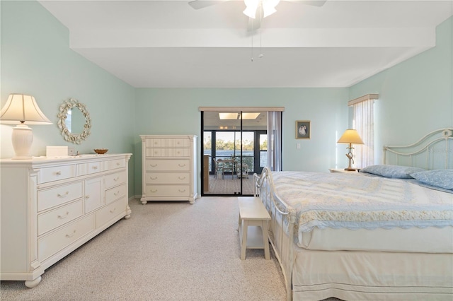 bedroom with ceiling fan, light colored carpet, and access to outside