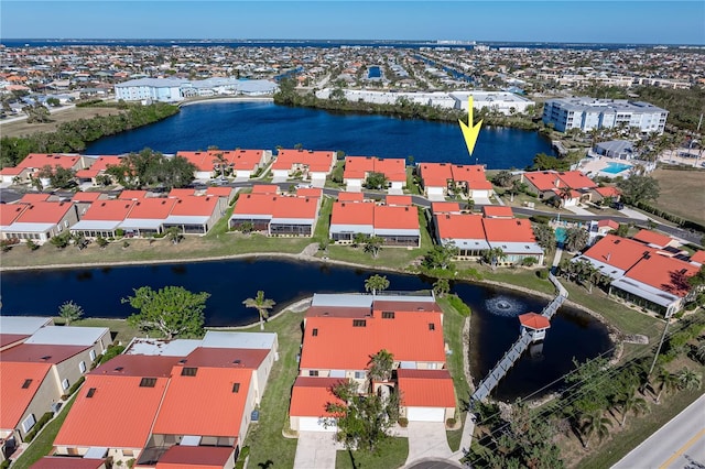 drone / aerial view featuring a water view