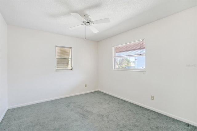 empty room with carpet, ceiling fan, and a textured ceiling