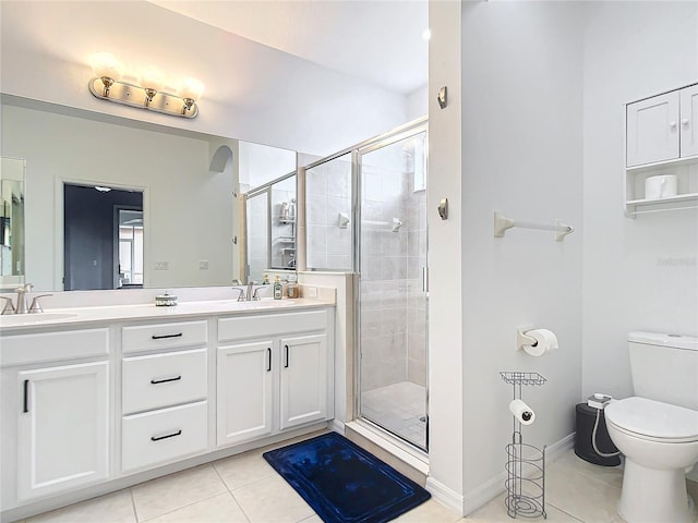 bathroom with double vanity, a sink, a shower stall, tile patterned floors, and toilet