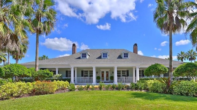 back of house with covered porch, a lawn, french doors, and a chimney