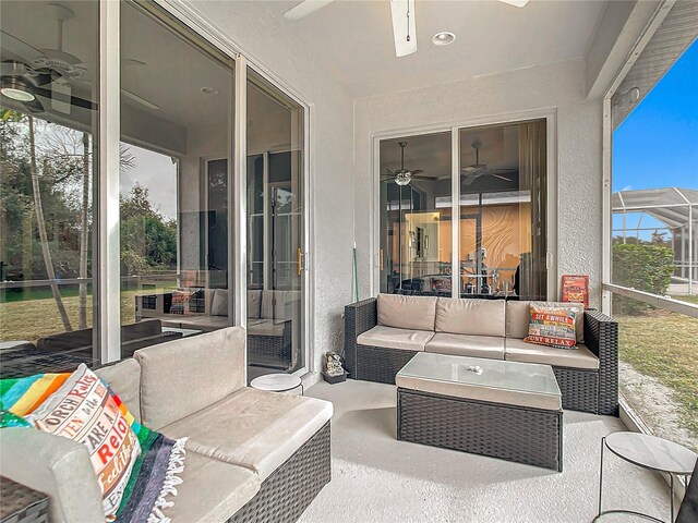 1796 Scarlett Ave, North Port, FL 34289 - view of patio featuring glass enclosure, an outdoor hangout area, and ceiling fan