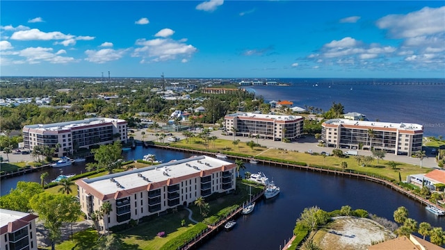 drone / aerial view featuring a water view