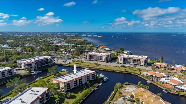 drone / aerial view featuring a water view