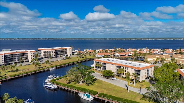 bird's eye view with a water view