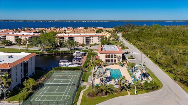 bird's eye view with a water view