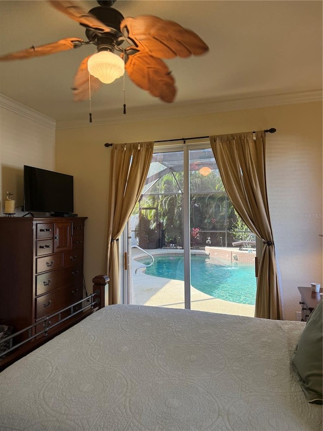 unfurnished bedroom featuring access to outside, ceiling fan, and ornamental molding