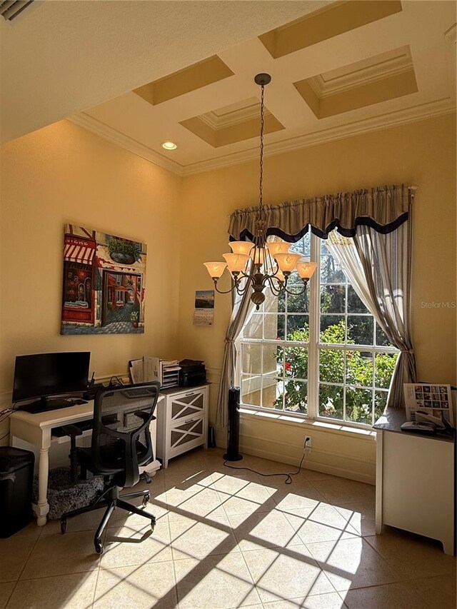 tiled office space with crown molding, coffered ceiling, and an inviting chandelier