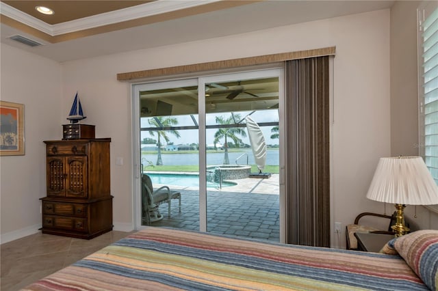 bedroom featuring access to outside, a water view, light tile patterned floors, and ornamental molding