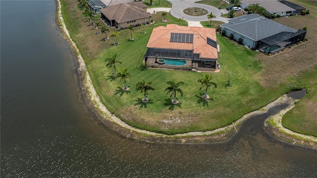 bird's eye view with a water view