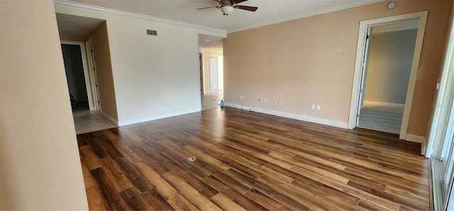 unfurnished room with dark hardwood / wood-style flooring, ceiling fan, and ornamental molding