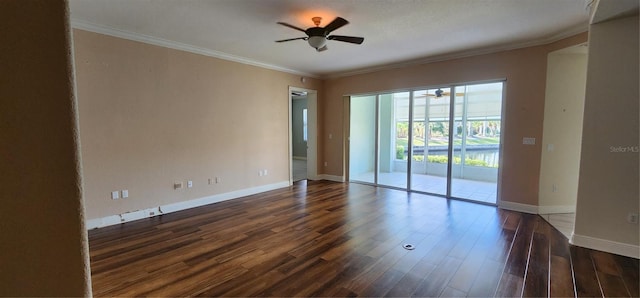 unfurnished room with ceiling fan, dark wood-type flooring, and ornamental molding