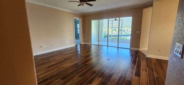 spare room with crown molding, ceiling fan, and dark wood-type flooring