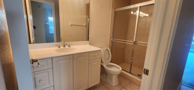 bathroom with tile patterned floors, vanity, toilet, and walk in shower