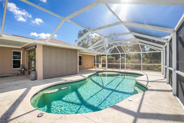 view of swimming pool featuring a lanai and a patio area