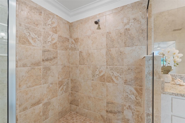 bathroom featuring tiled shower, crown molding, and vanity