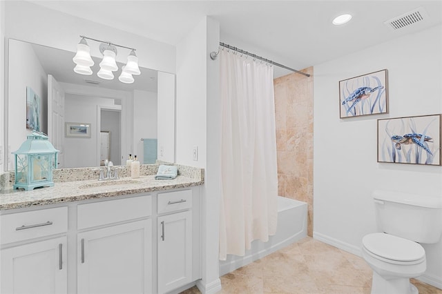 full bathroom with toilet, vanity, tile patterned flooring, and shower / tub combo with curtain