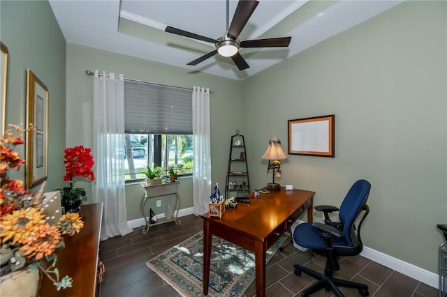 office area featuring ceiling fan and crown molding