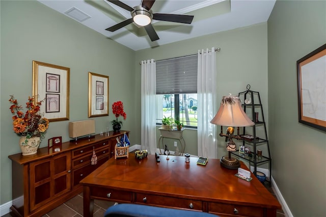 tiled office featuring ceiling fan and crown molding