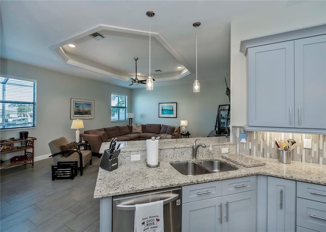 kitchen featuring a raised ceiling, sink, a healthy amount of sunlight, and stainless steel dishwasher